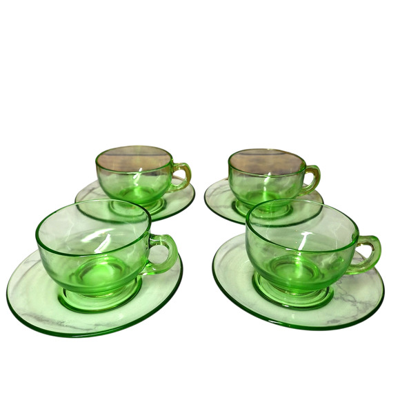 Vintage Uranium depression vaseline glass 4 sets teacups & plates UV glowing lot - Picture 1 of 10